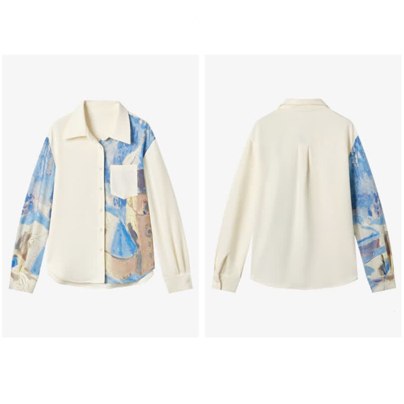 Irregular Printing Chiffon Pocket Lapel Shirt