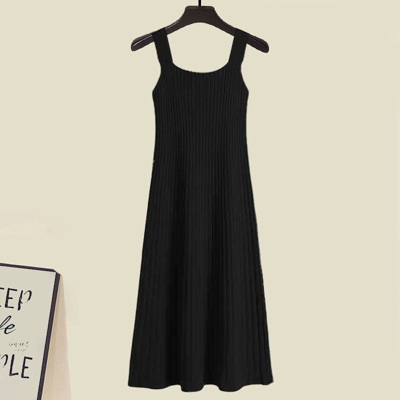 Irregular Short Sweater Slip Dress Set - Black Dress / S