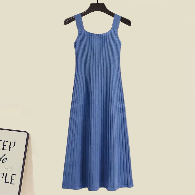 Irregular Short Sweater Slip Dress Set - Blue Dress / S