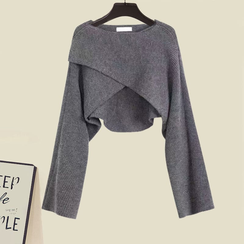 Irregular Short Sweater Slip Dress Set - Gray Sweater