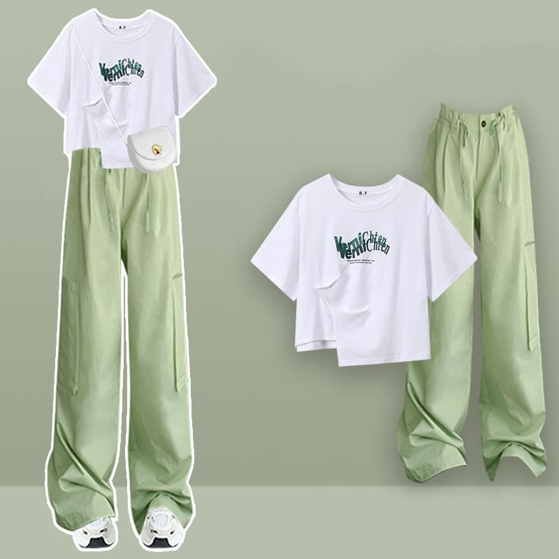 Irregular Letter T-Shirt Pure Color Cargo Pants