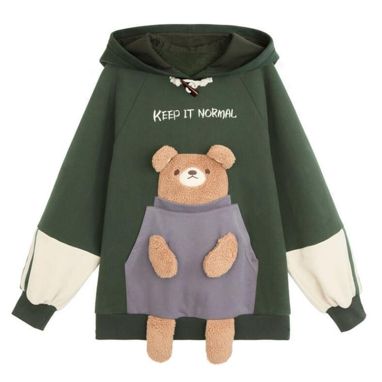 Japanese Fashion Dark Green Kawaii Bear Hug Pocket Hoodie