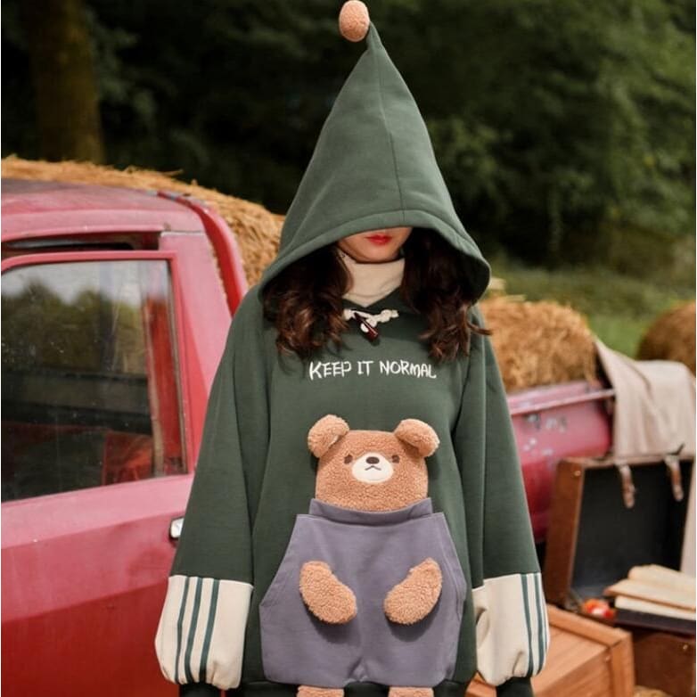 Japanese Fashion Dark Green Kawaii Bear Hug Pocket Hoodie