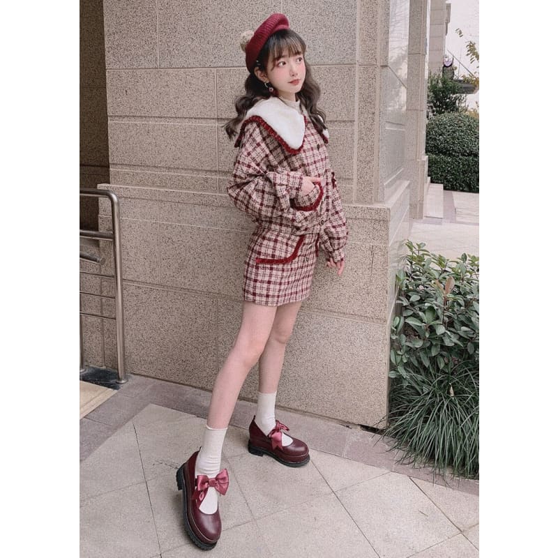 Japanese Fshion Sweet Princess Plaid Wool Short Coat Skirt