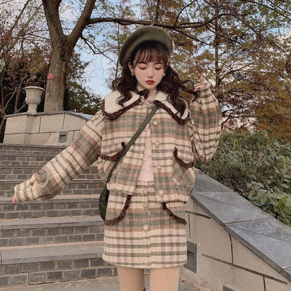 Japanese Fshion Sweet Princess Plaid Wool Short Coat Skirt