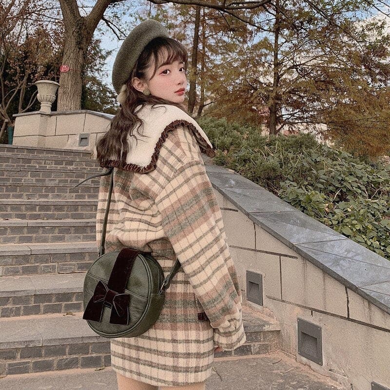 Japanese Fshion Sweet Princess Plaid Wool Short Coat Skirt