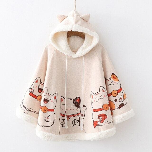 Japanese Harajuku Kawaii Lucky Cat Cloak Cute Hoodies Cape