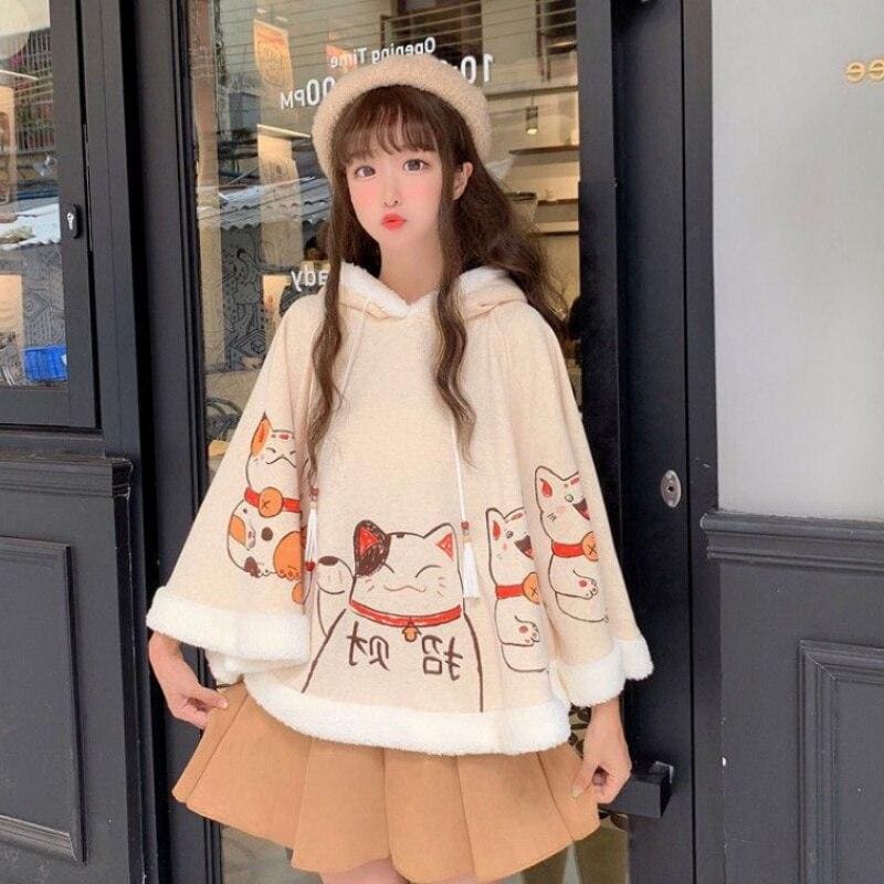 Japanese Harajuku Kawaii Lucky Cat Cloak Cute Hoodies Cape