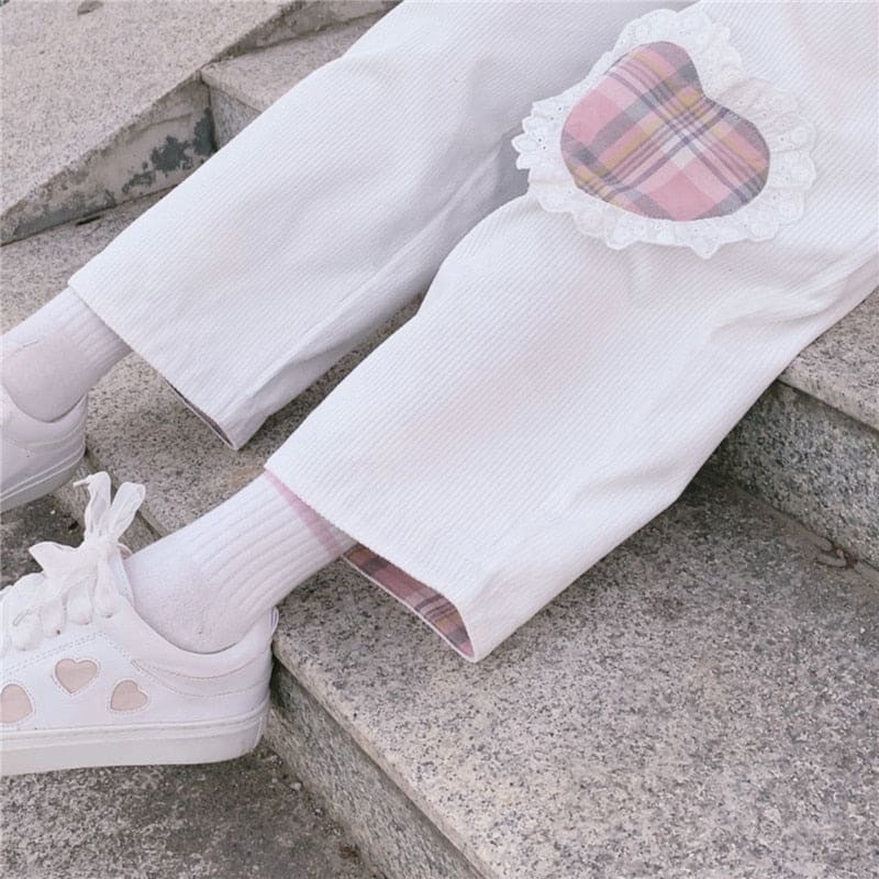 Japanese Harajuku Kawaii Straight Love Heart White Pants