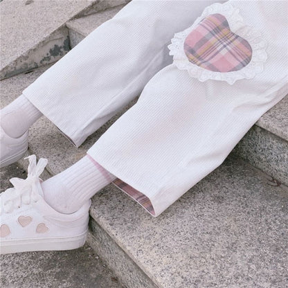 Japanese Harajuku Kawaii Straight Love Heart White Pants