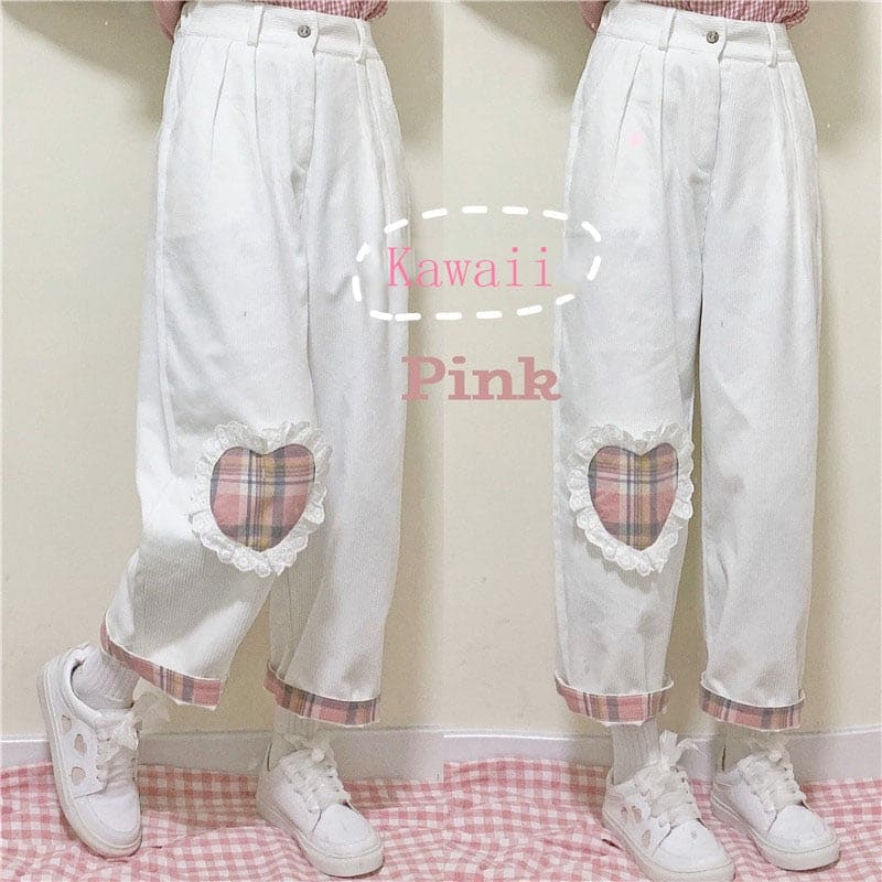 Japanese Harajuku Kawaii Straight Love Heart White Pants