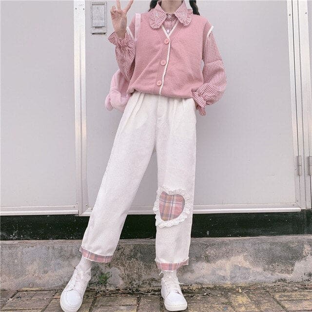 Japanese Harajuku Kawaii Straight Love Heart White Pants