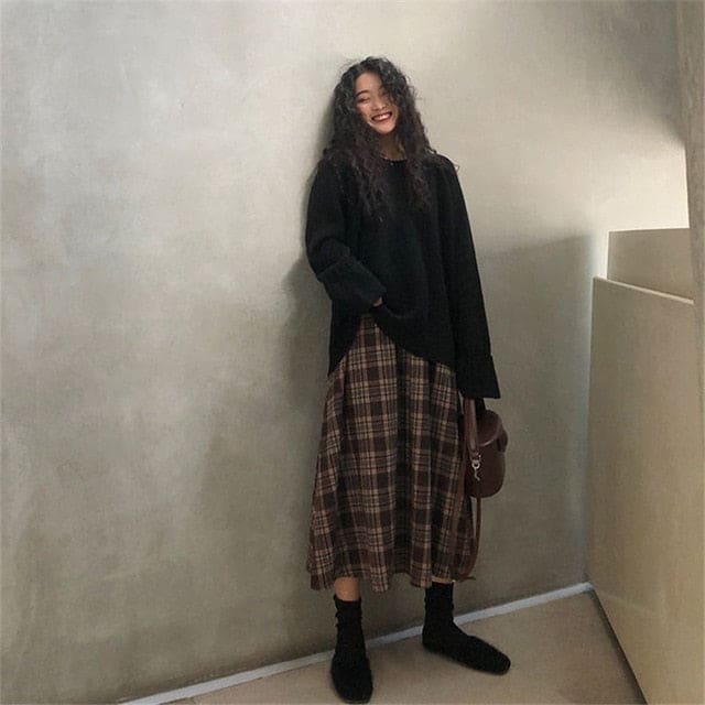 Japanese Harajuku Winter High Waist Plaid Elegant Skirt