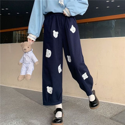 Japanese Kawaii Bear Printing High Waist Elastic Pants