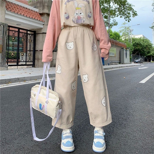 Japanese Kawaii Bear Printing High Waist Elastic Pants