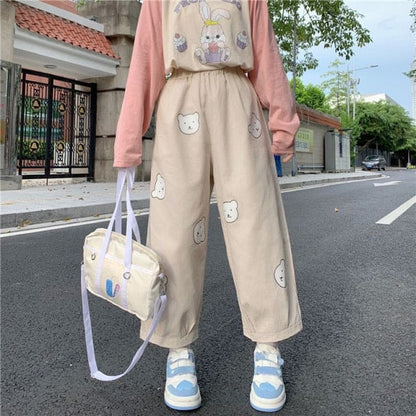 Japanese Kawaii Bear Printing High Waist Elastic Pants