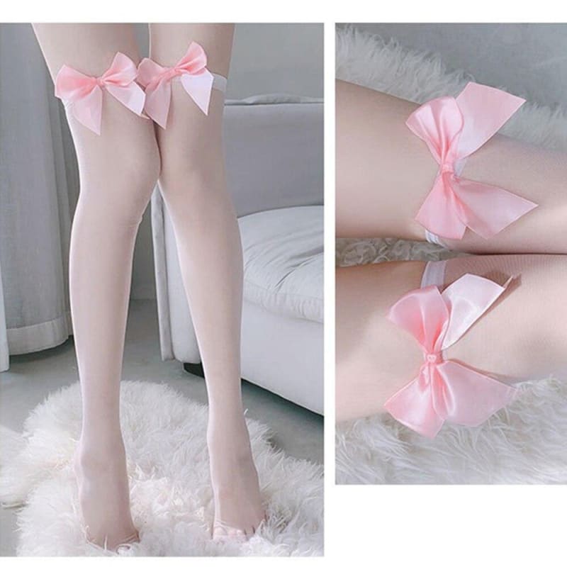 Japanese Kawaii Bow Thigh High Socks Transparent Silk