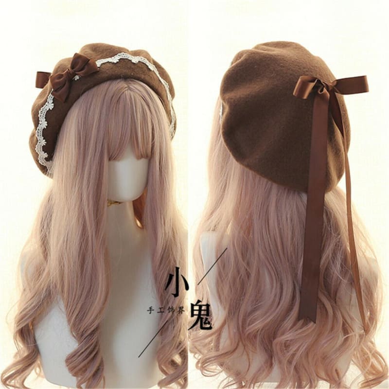 Japanese Kawaii Lolita Bow Ribbon Beret Wool Beanie MK16664
