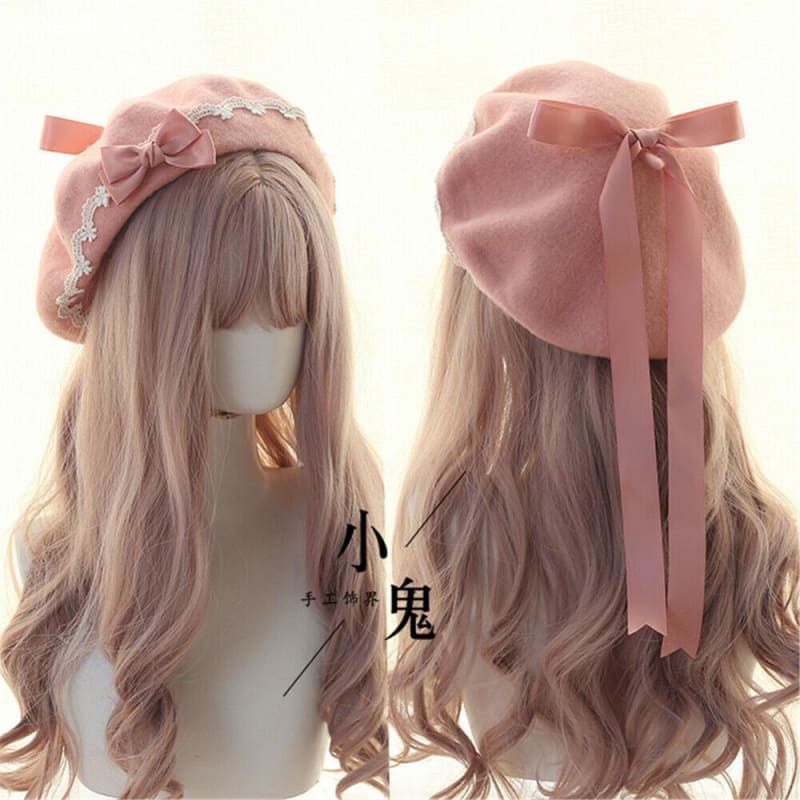 Japanese Kawaii Lolita Bow Ribbon Beret Wool Beanie MK16664