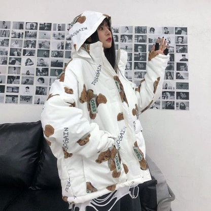 Japanese Kawaii Vintage Print Hooded Large Fur Collar Coats