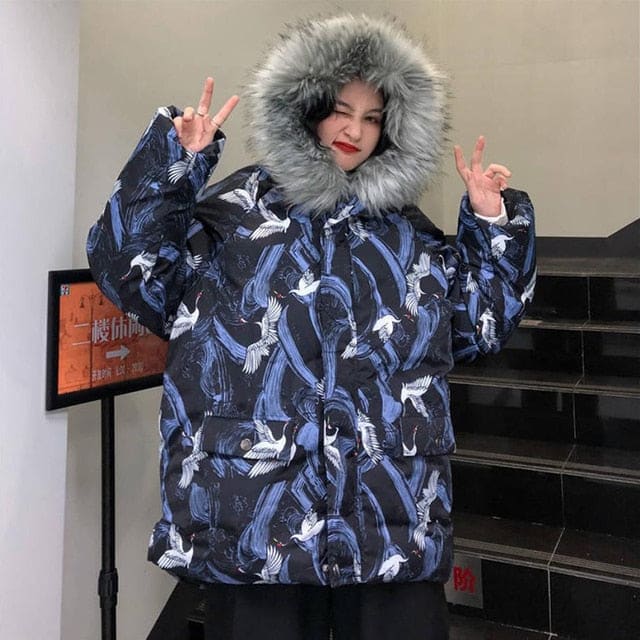 Japanese Kawaii Vintage Print Hooded Large Fur Collar Coats