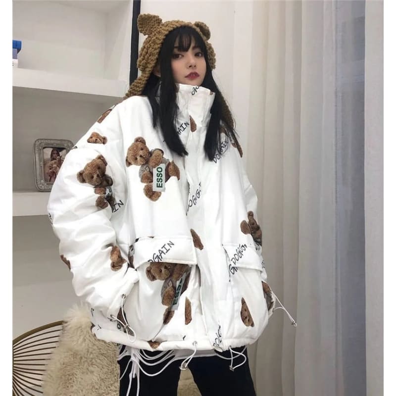 Japanese Kawaii Vintage Print Hooded Large Fur Collar Coats