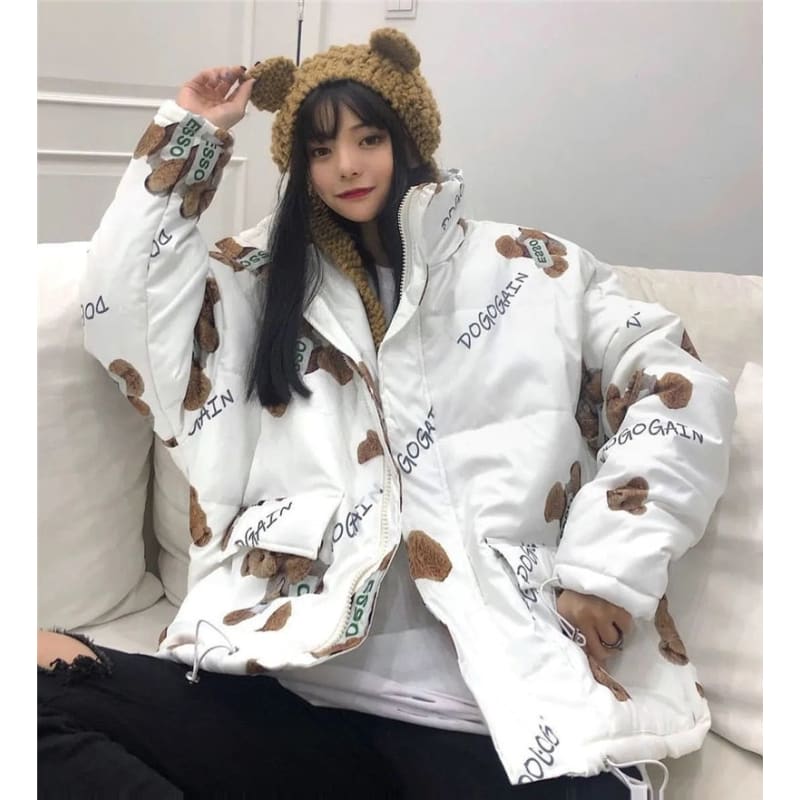 Japanese Kawaii Vintage Print Hooded Large Fur Collar Coats