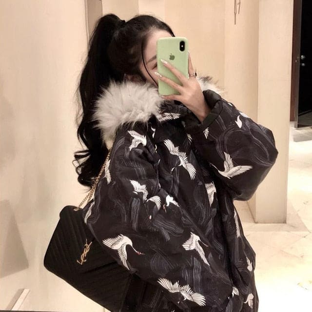 Japanese Kawaii Vintage Print Hooded Large Fur Collar Coats