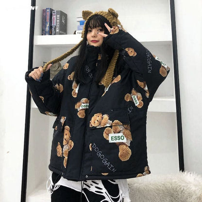 Japanese Kawaii Vintage Print Hooded Large Fur Collar Coats