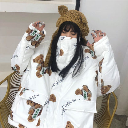 Japanese Kawaii Vintage Print Hooded Large Fur Collar Coats