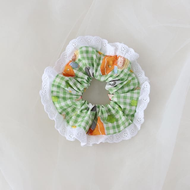 Japanese Lace Scrunchie - Green Check / One Size