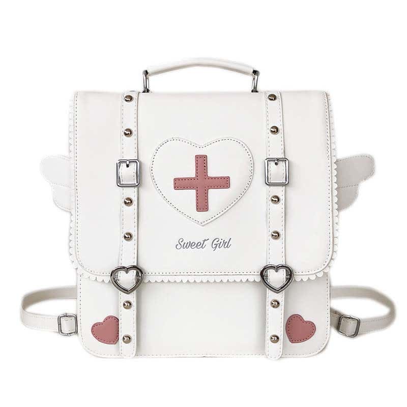 JK Love Heart Pattern Angel Wings Backpack - White