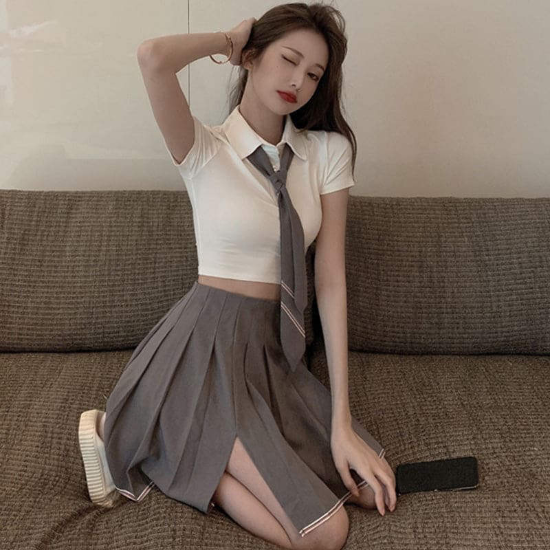 JK Tie T-Shirt Split Pleated Skirt Set