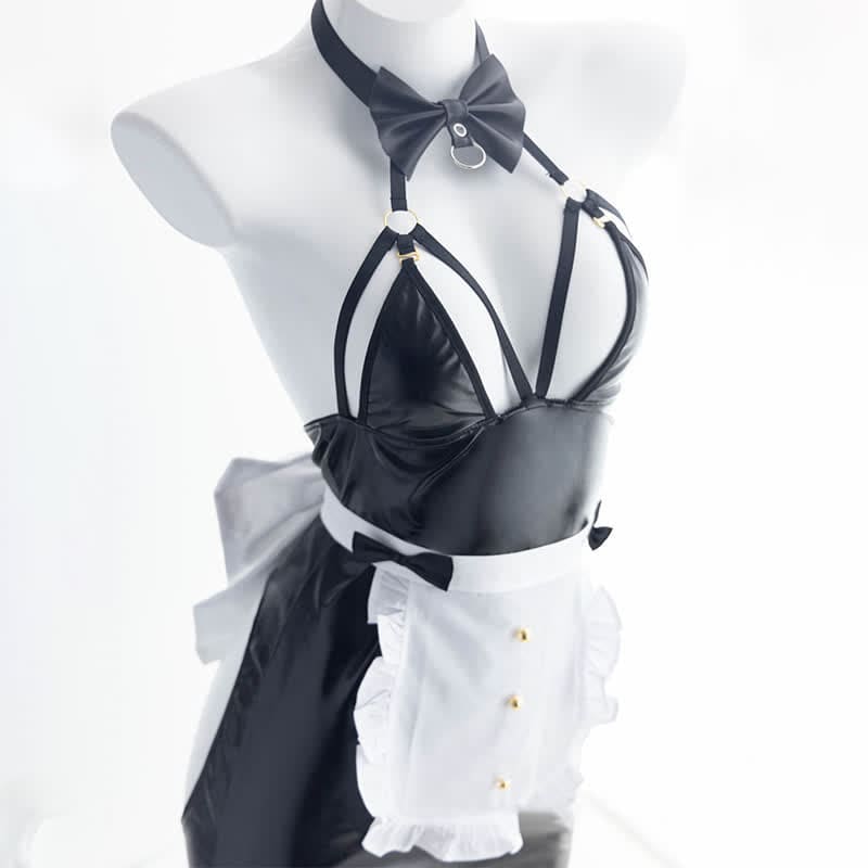 Kawaii Bunny PU Hollow Out Maid Lingeire Set - Black