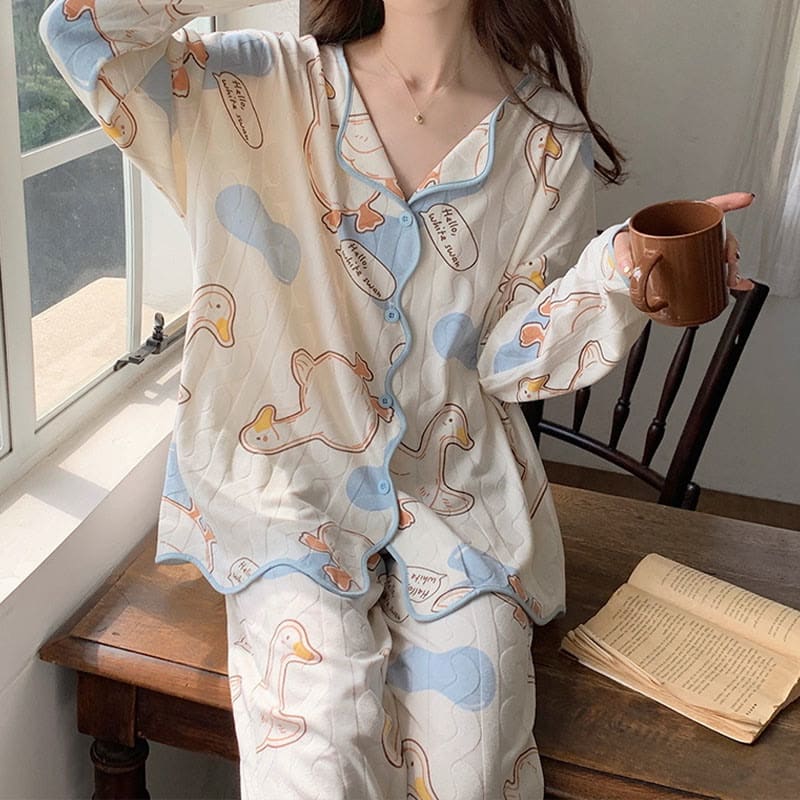 Kawaii Cartoon Long Sleeve Shirt Pants Pajamas Set - A / XL