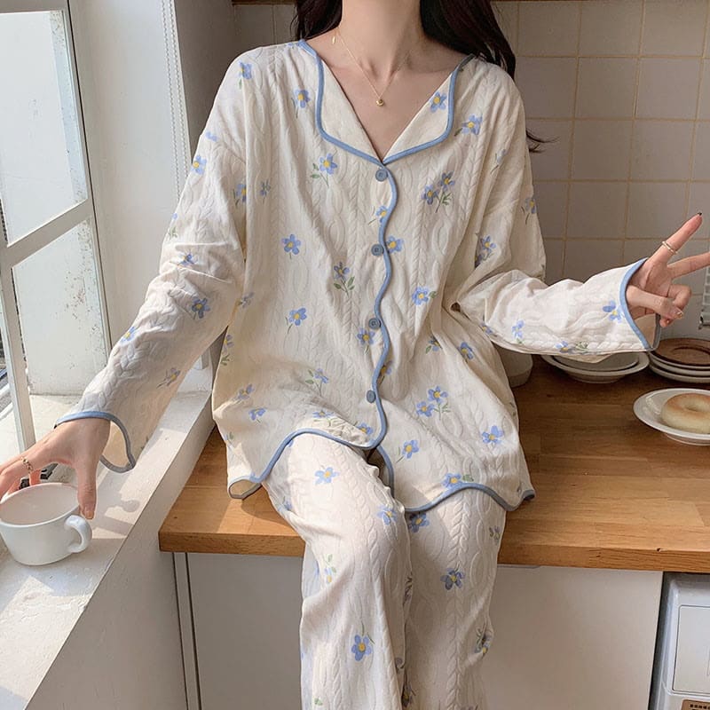 Kawaii Cartoon Long Sleeve Shirt Pants Pajamas Set - B / XL