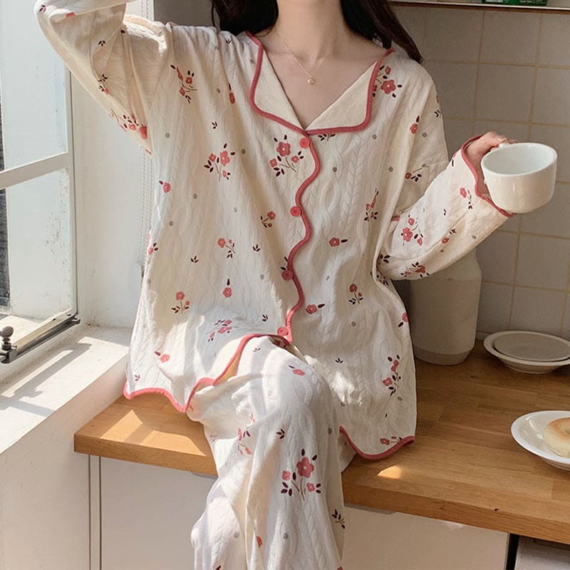 Kawaii Cartoon Long Sleeve Shirt Pants Pajamas Set - G / XL