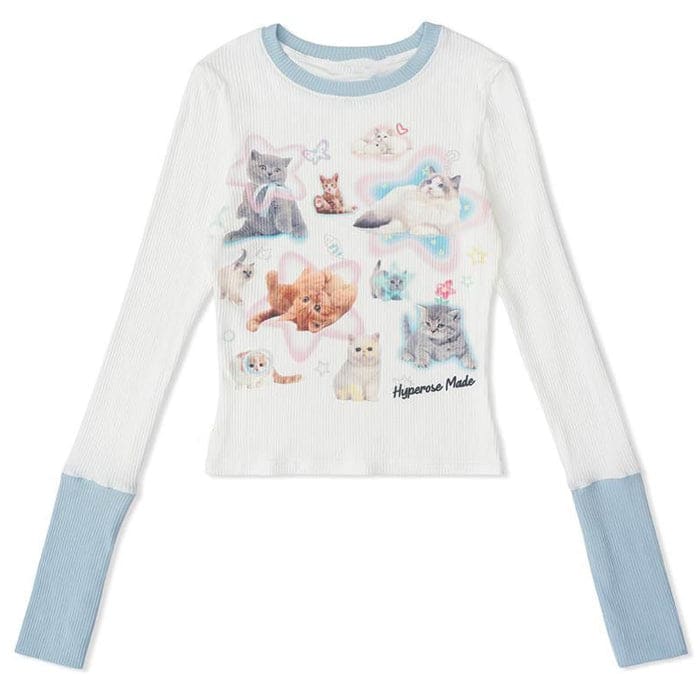 Kawaii Cat Long Sleeve Top - S / White/blue - Tops