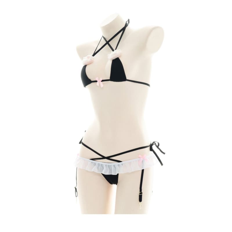 Kawaii Cat Paw Ruffle Bowknot Black Bandage Lingerie Set