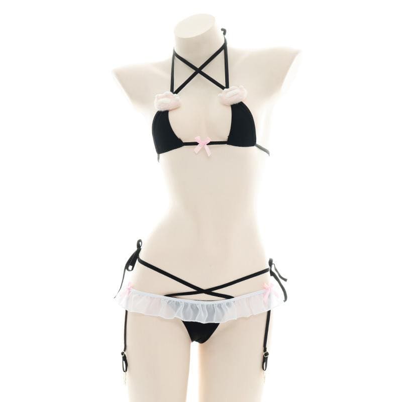 Kawaii Cat Paw Ruffle Bowknot Black Bandage Lingerie Set