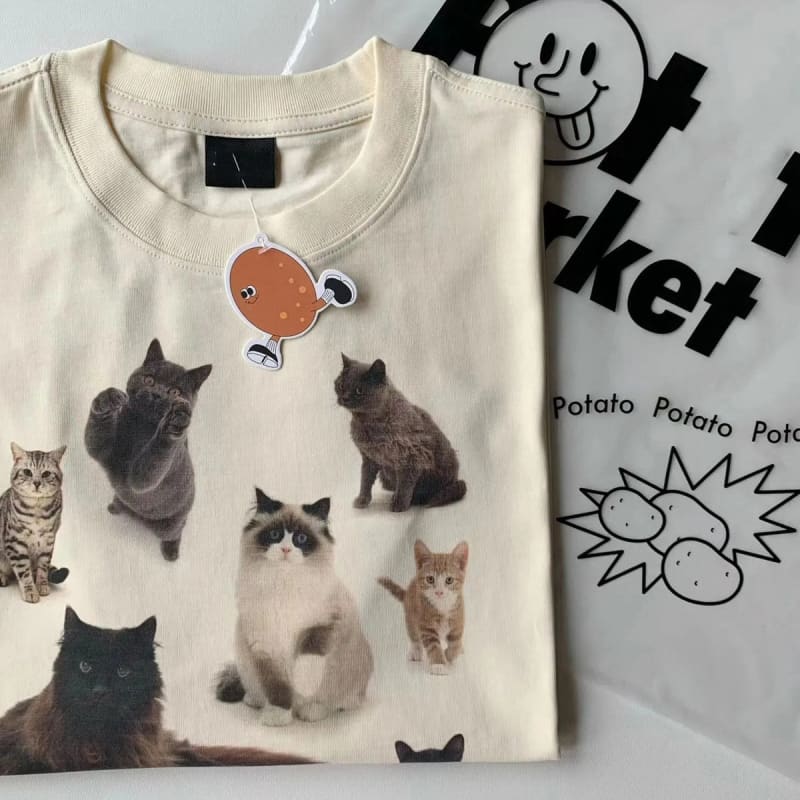 Kawaii Cat Print T - Shirt - M / Milk - T - Shirts