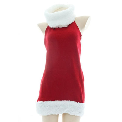 Kawaii Chrismas White Plush Ball Red Backless Sweater Dress