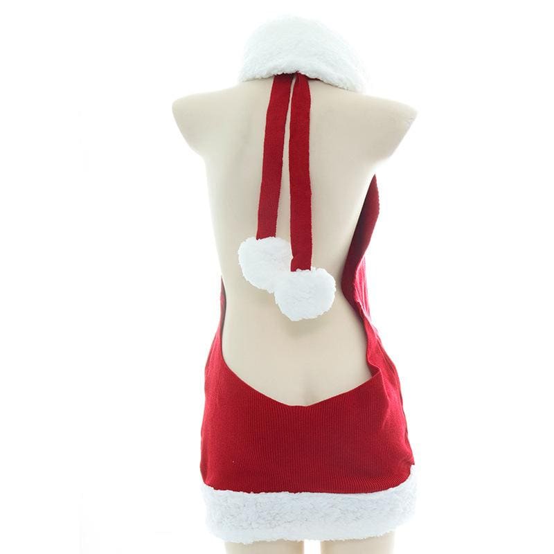 Kawaii Chrismas White Plush Ball Red Backless Sweater Dress