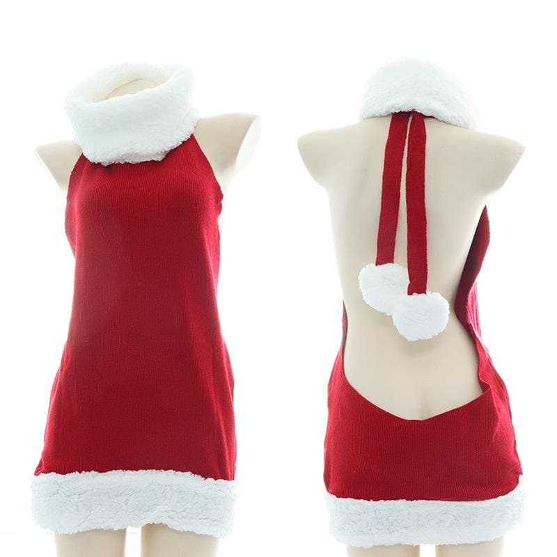 Kawaii Chrismas White Plush Ball Red Backless Sweater Dress