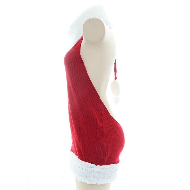 Kawaii Chrismas White Plush Ball Red Backless Sweater Dress