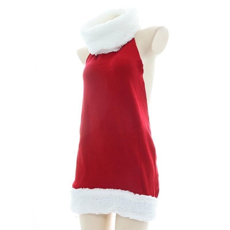 Kawaii Chrismas White Plush Ball Red Backless Sweater Dress