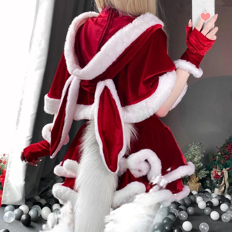 Kawaii Christmas Girl Bunny Ear Red Cape Cloak Santa Dress