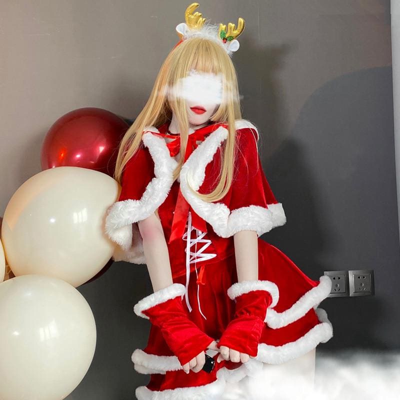 Kawaii Christmas Girl Bunny Ear Red Cape Cloak Santa Dress