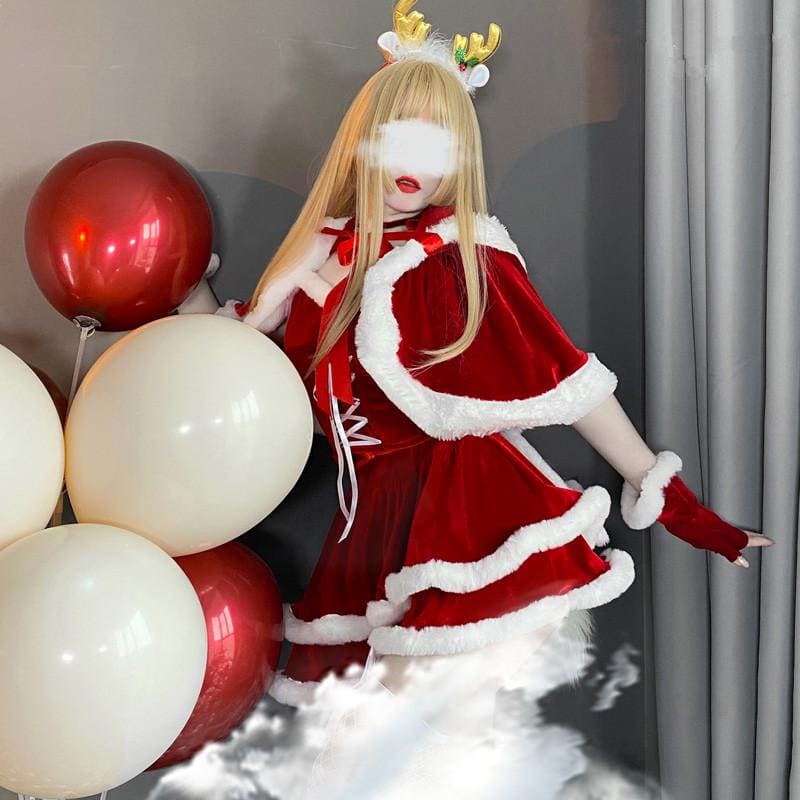 Kawaii Christmas Girl Bunny Ear Red Cape Cloak Santa Dress