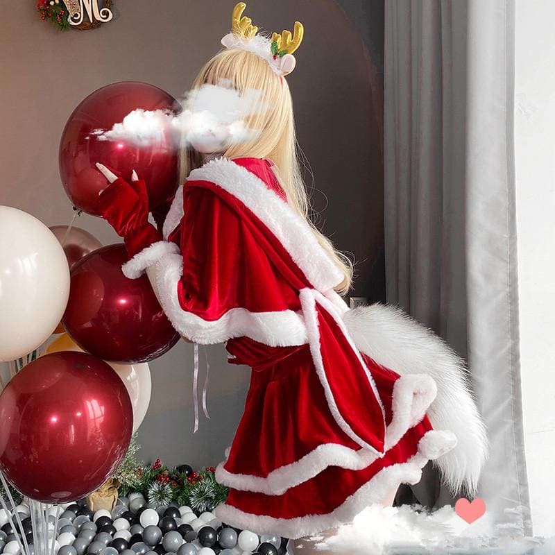 Kawaii Christmas Girl Bunny Ear Red Cape Cloak Santa Dress